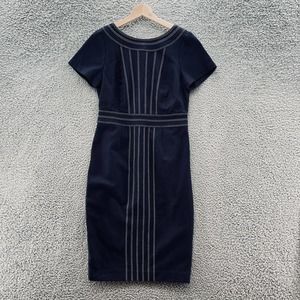 Boden Dress Navy White Contrast Stitch Cap Sleeve Boat Neck Sheath NEW